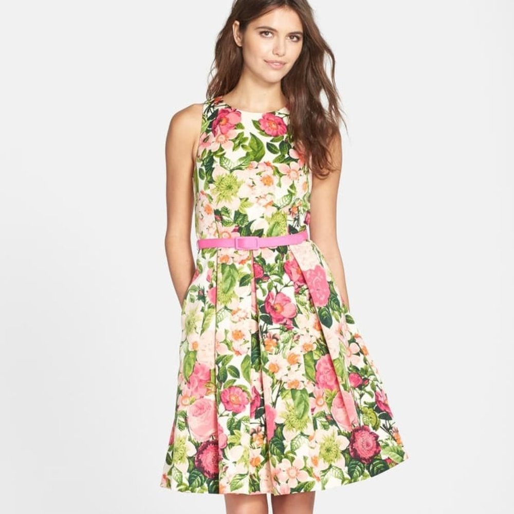 Belted Print Faille Fit & Flare Dress